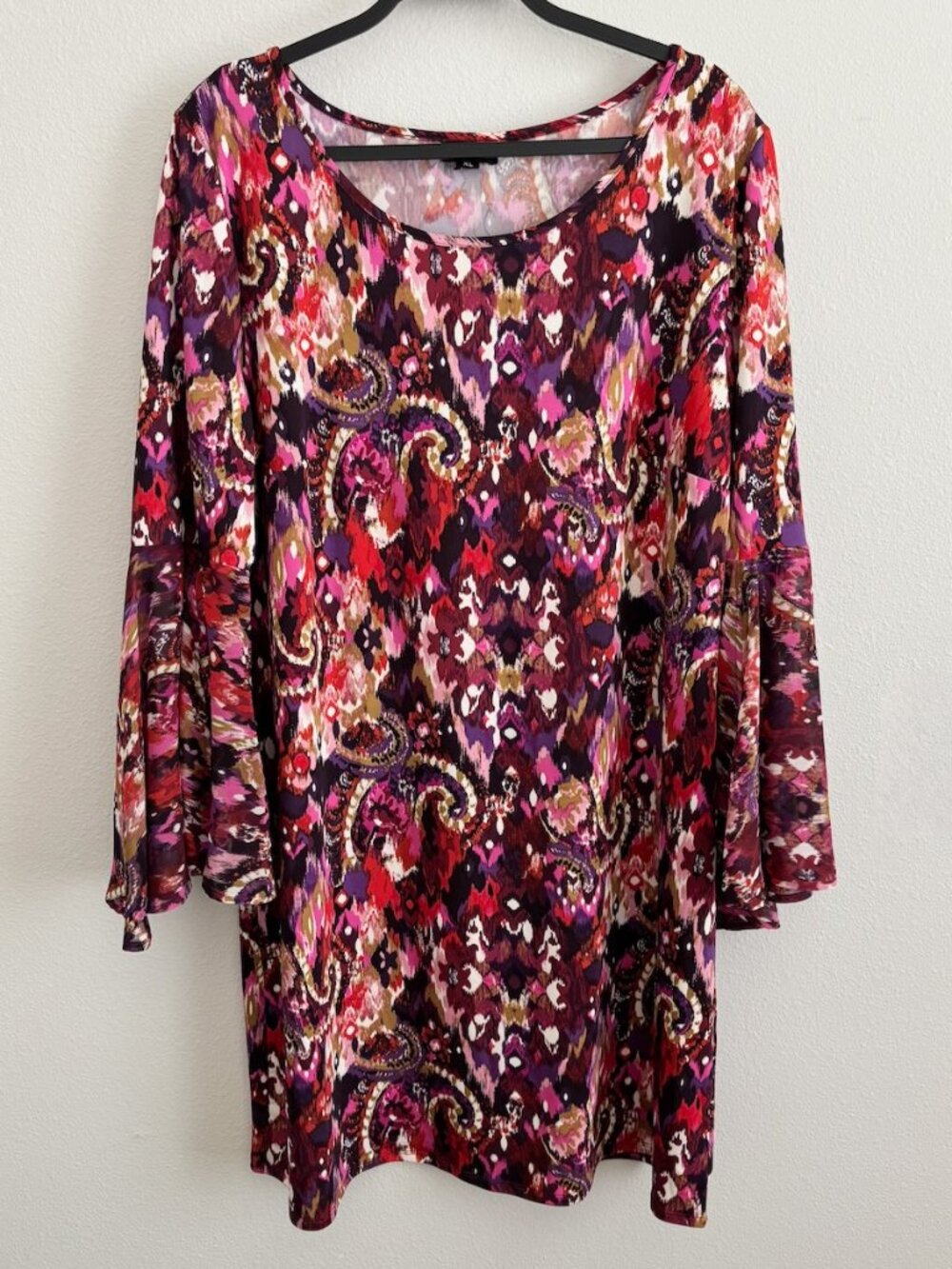Tacera Boho Patterned Pink Purple Bell Sleeve Dress Size XL